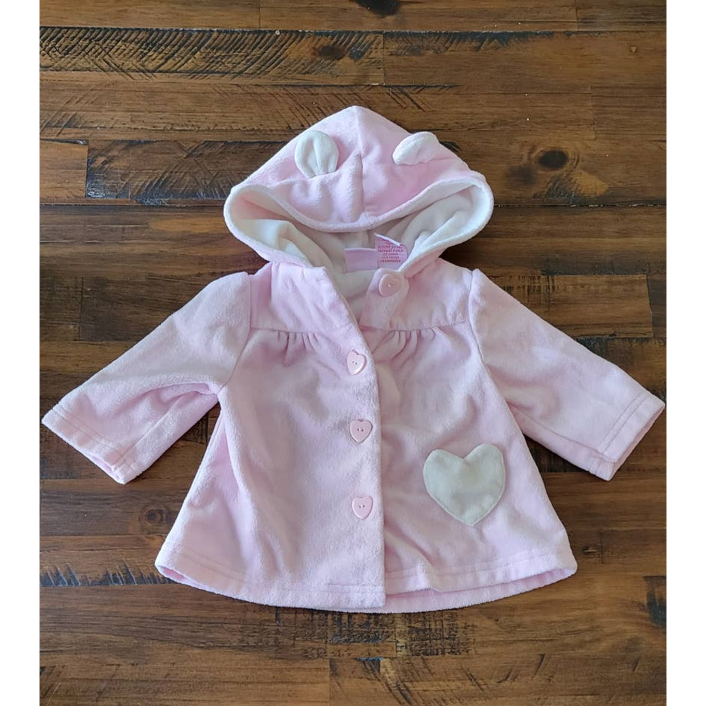 Savannah Baby Hooded Pink Fleece Button Up Jacket Toddler Size 3M w/ Heart